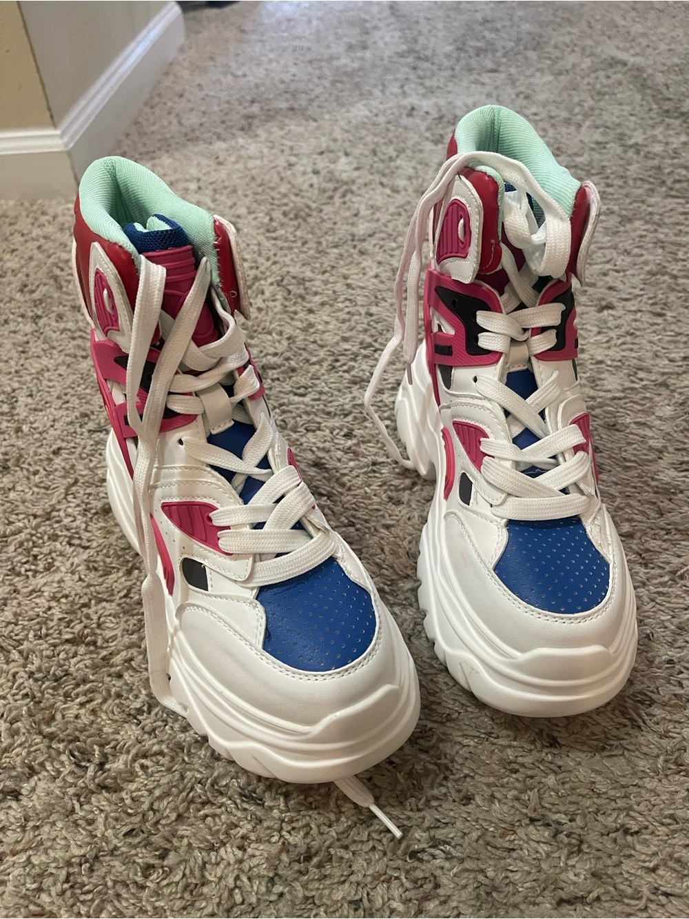 Anthony Wang Chunky Colorblock High-Top Sneakers in White, Blue & Pink. Sz 9.